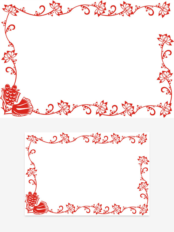 鱼戏莲花中国风剪纸红色边框