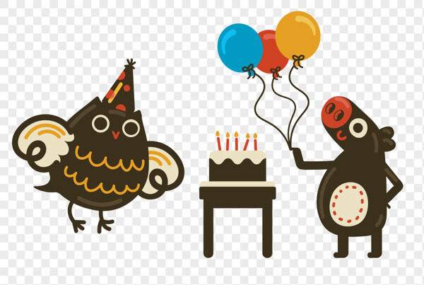 手绘可爱猫头鹰过生日小猪拿气球摆蛋糕卡通插画