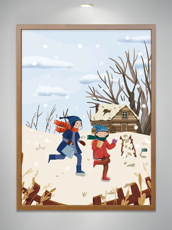 冬季乡村卡通手绘孩童户外玩耍插画