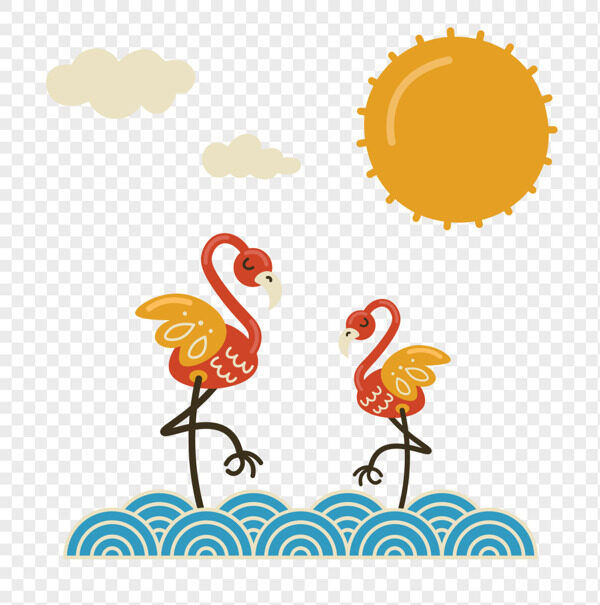 手绘两只红色线条黄翅膀丹顶鹤湖边晒太阳卡通插画