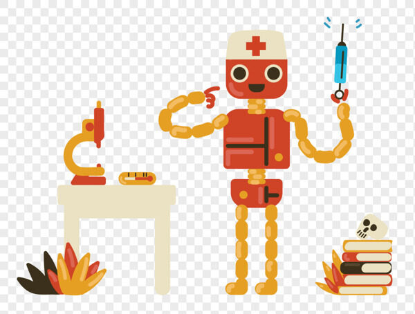 手绘香肠拼接机器人医生拿针研究抽象插画