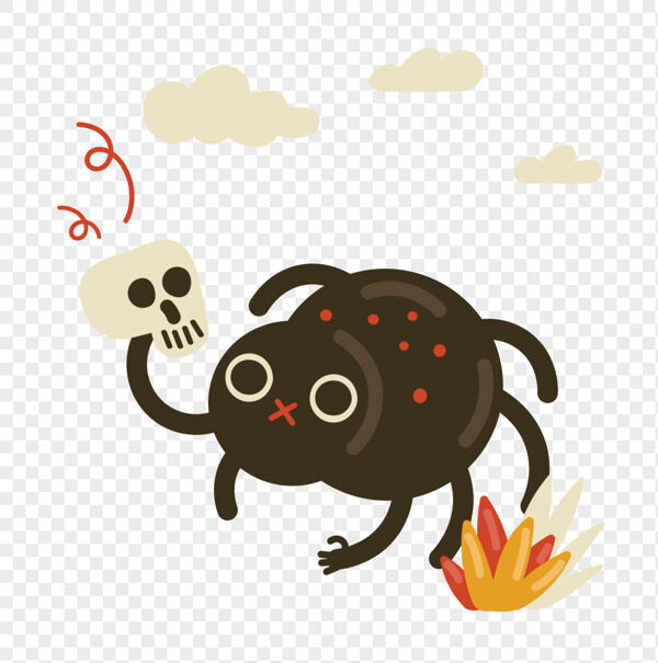 手绘黑色大蜘蛛手拿骷髅头抽象插画