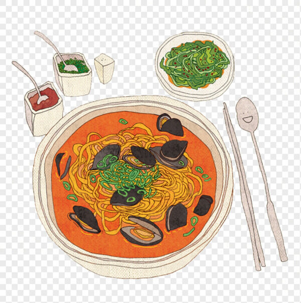 手绘料理套餐番茄日式海鲜酸辣汤拉面裙带小菜免抠美食