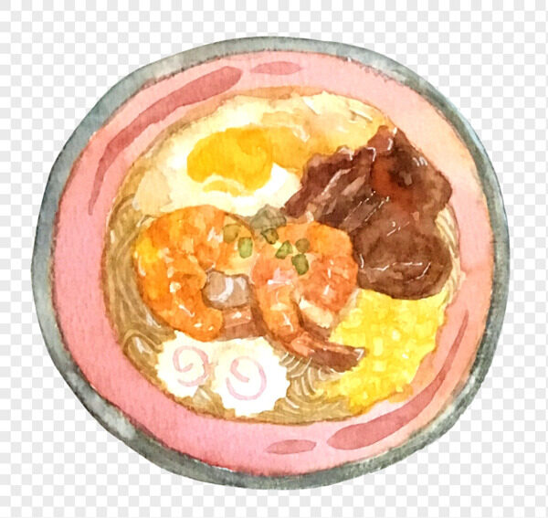 手绘粉色碗大虾牛肉海鲜鸡蛋面日式料理免抠图