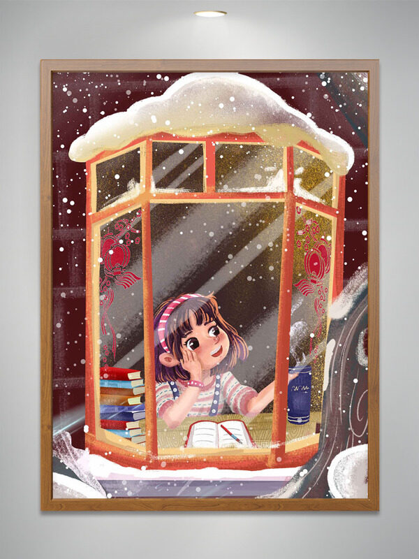冬日温暖室内卡通女生看书写作插画