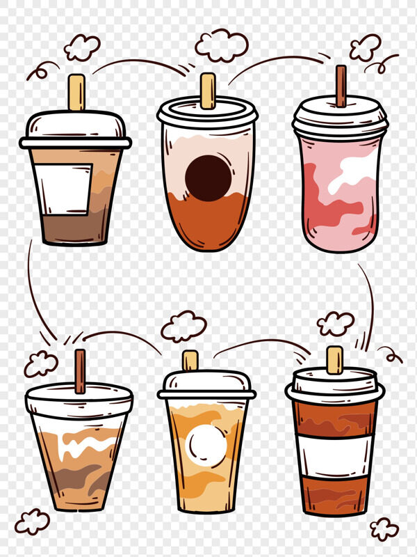 手绘卡通奶茶吸管咖啡果汁奶昔小云朵免抠元素