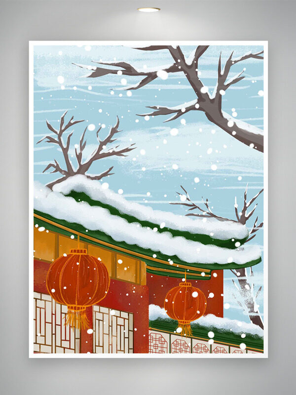 中国风唯美意境雪中古建筑风景插画