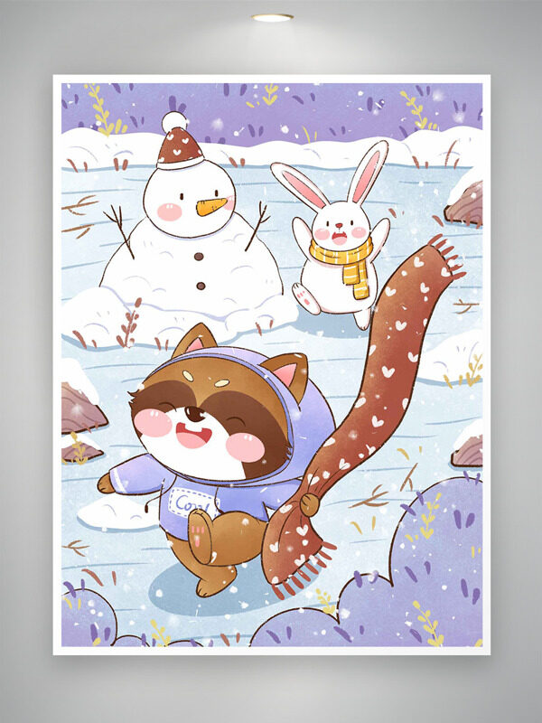 紫色卡通创意手绘小动物冬日雪景插画
