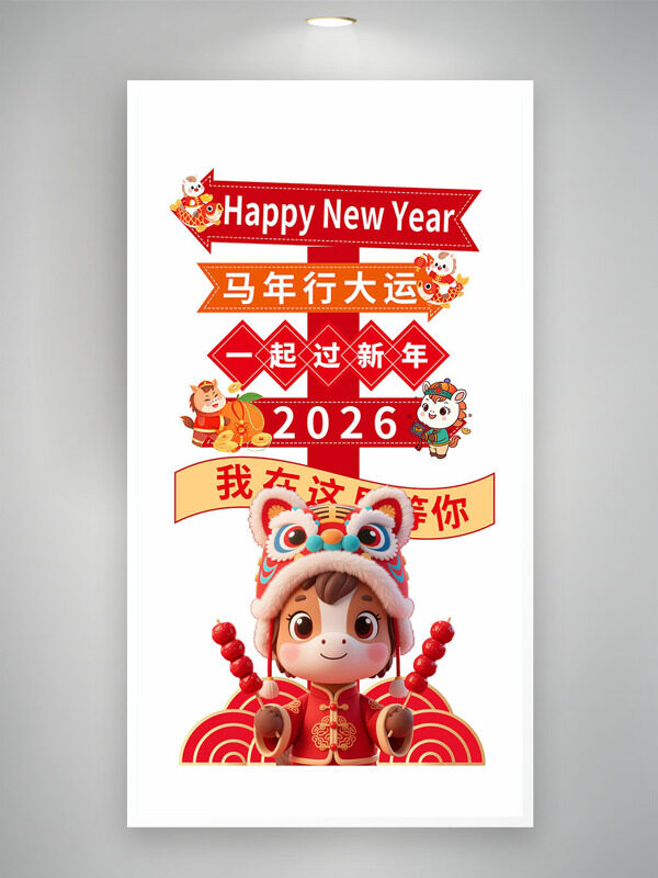 立体3D小马红色喜庆马年行大运打卡指示牌