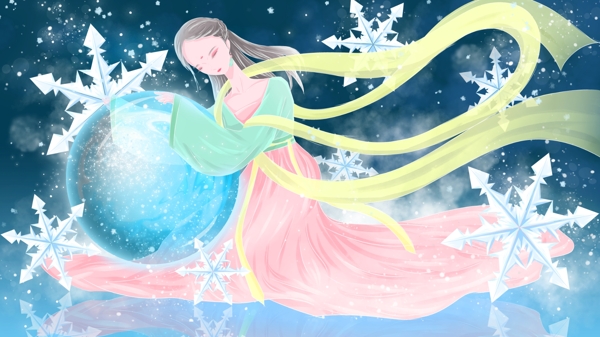 小雪插画冬天冰上的雪花仙女