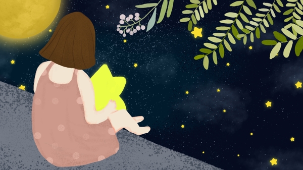 坐在河边看星星的女孩柳叶卡通背景