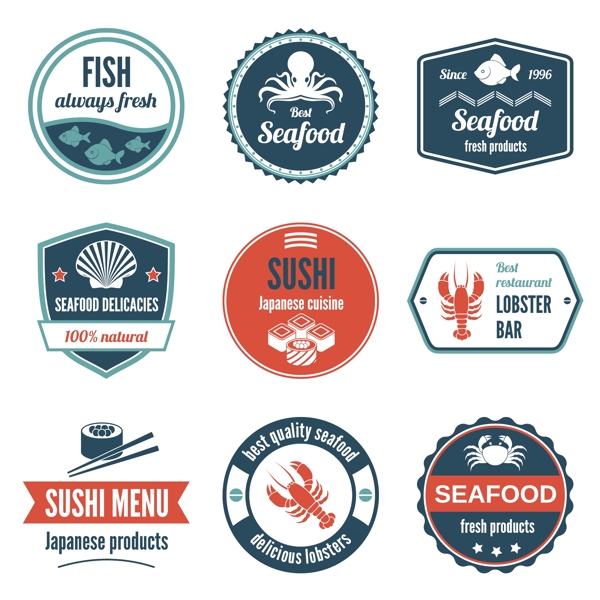 海鲜永远新鲜鱼产品美食寿司日本料理龙虾酒吧图标设置孤立矢量插图