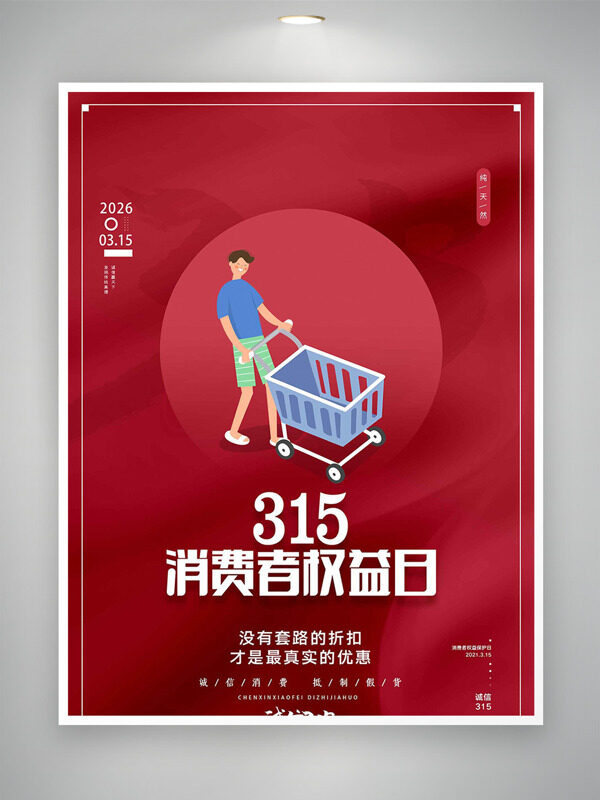 卡通人物购物消费者权益日红色背景海报