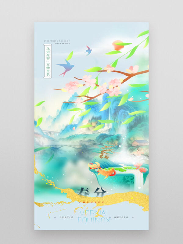 鸟语花香万物生长手绘山水风景春分节气海报