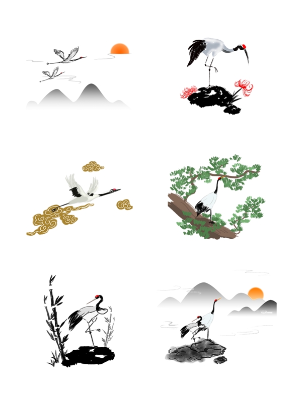仙鹤古典中国风手绘元素套图