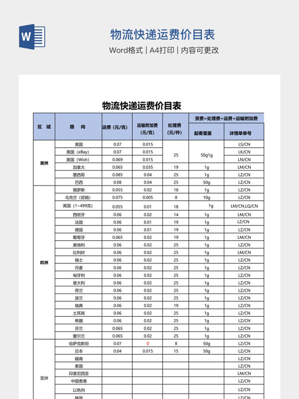 物流快递运费价目表