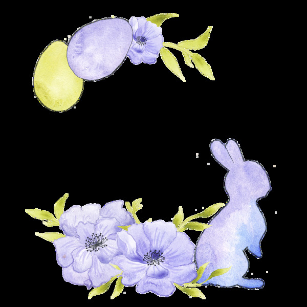 紫色手绘兔子花朵万圣节透明装饰素材