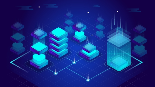 科技数据2.5D区块链深蓝色渐变矢量插画