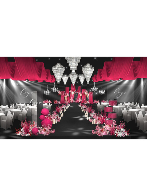 玫红粉色韩式婚礼效果图多层布幔水晶灯吊顶
