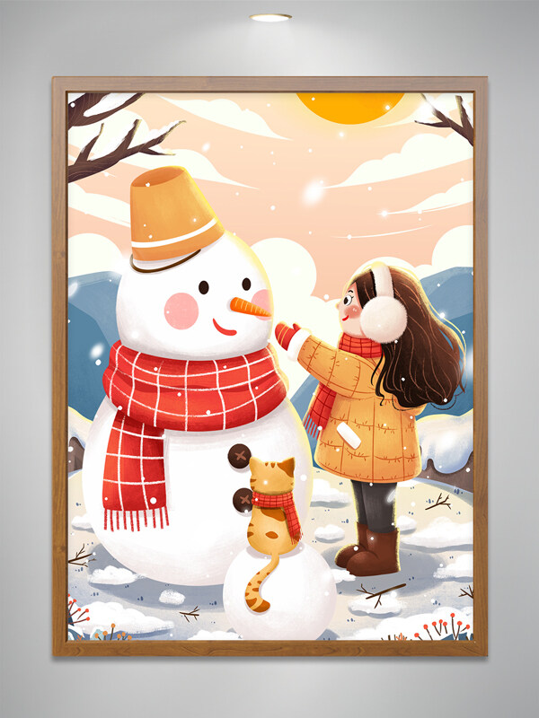 冬天雪地堆雪人女孩与猫小雪大雪插画