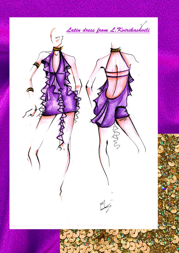 紫色深V露背连衣裙正反面