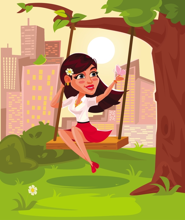 向量的一个年轻的姑娘坐在秋千的插图